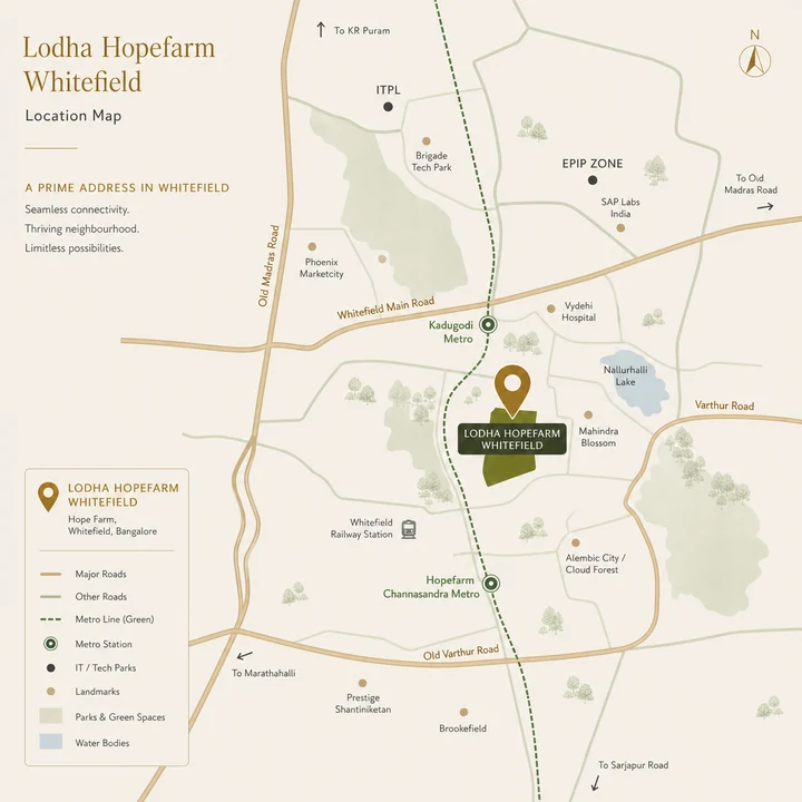 Lodha Hopefarm Whitefield location map showing Hope Farm and Whitefield landmarks